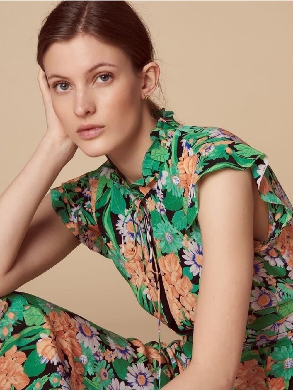 Sandro Maline 100% silk Green Floral Tie-Waist Midi Dress